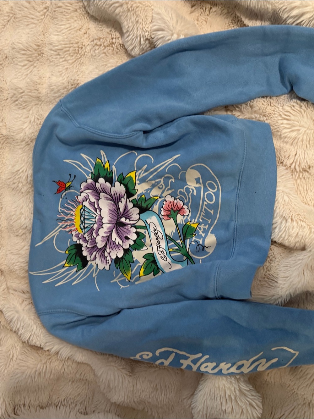 Ed Hardy Light Blue Floral Tattoo Hoodie with Multicolor Graphic